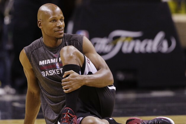 Miami Heat guard Ray Allen warms up during basketball practice on Wednesday, June 4, 2014 in San Antonio. They play Game 1 of the NBA Finals against the San Antonio Spurs on Thursday. (AP Photo/Eric Gay)