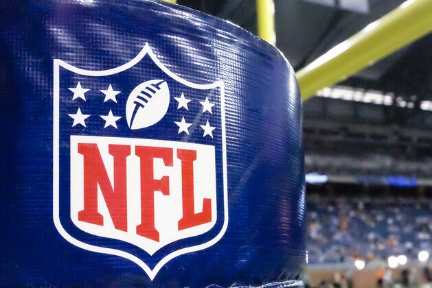 NFL logo on goal post padding before between the Detroit Lions and the Cleveland Browns a preseason NFL football game at Ford Field in Detroit, Saturday, Aug. 9, 2014. (AP Photo/Rick Osentoski)