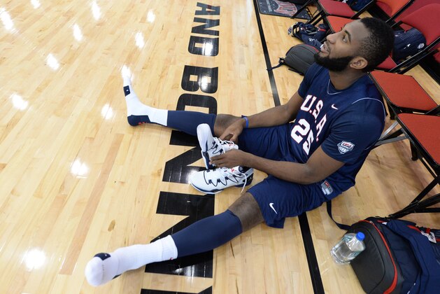 LAS VEGAS, NV - JULY 29: Andre Drummond #25 of the USA Basketball Men's National Team stretches before practice at the Mendenhall Center at the University of Nevada, Las Vegas on July 29, 2014 in Las Vegas, Nevada. NOTE TO USER: User expressly acknowledges and agrees that, by downloading and/or using this photograph, user is consenting to the terms and conditions of the Getty Images License Agreement.  Mandatory Copyright Notice: Copyright 2014 NBAE (Photo by Andrew D. Bernstein/NBAE via Getty Images)