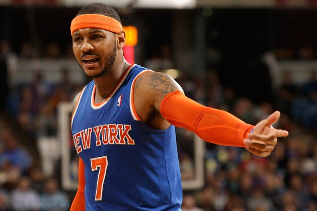 SACRAMENTO, CA - MARCH 26:  Carmelo Anthony #7 of the New York Knicks complains about a call during their game against the Sacramento Kings at Sleep Train Arena on March 26, 2014 in Sacramento, California. NOTE TO USER: User expressly acknowledges and agrees that, by downloading and or using this photograph, User is consenting to the terms and conditions of the Getty Images License Agreement.  (Photo by Ezra Shaw/Getty Images)