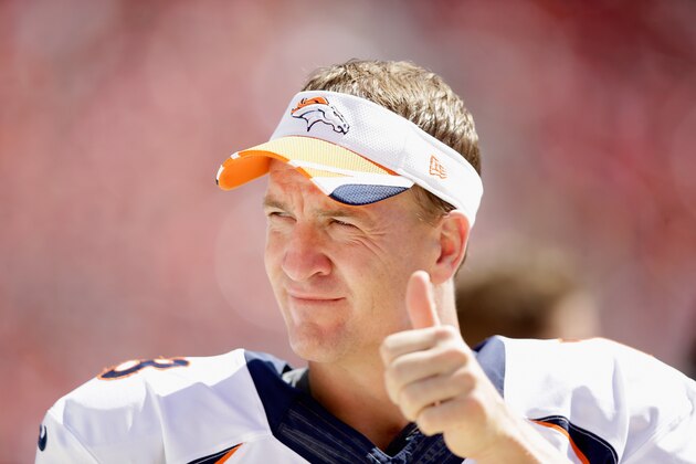 SANTA CLARA, CA - AUGUST 17:  Quarterback Peyton Manning #18 of the Denver Broncos stands on the sidelines during their preseason game against the San Francisco 49ers at Levi's Stadium on August 17, 2014 in Santa Clara, California.  (Photo by Ezra Shaw/Getty Images)