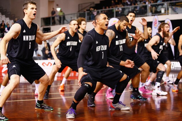 AUCKLAND, NEW ZEALAND - JULY 19: Mika Vukona of New Zealand leads the haka during the international match between the New Zealand Tall Blacks and South Korea at North Shore Events Centre on July 19, 2014 in Auckland, New Zealand.  (Photo by Phil Walter/Getty Images)