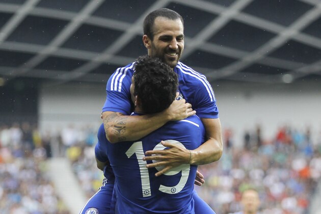 LJUBLJANA, SLOVENIA - JULY 27: Diego Costa of Chelsea celebrate the scoring the goal with Cesc Fabregas (TOP) during the Pre Season Friendly  match between FC Olimpija Ljubljana and Chelsea at Stozice stadium in Ljubljana, Slovenia on Sunday, July 27, 2014. (Photo by Srdjan Stevanovic/Getty Images)
