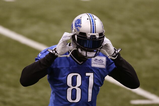 Detroit Lions wide receiver Calvin Johnson is seen during an NFL football training camp, Monday, Aug. 11, 2014, in Allen Park, Mich. (AP Photo/Carlos Osorio)