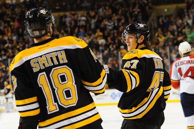 BOSTON, MA - NOVEMBER 7: Reilly Smith #18 and Torey Krug #47 of the Boston Bruins celebrate a goal against the Florida Panthers at the TD Garden on November 7, 2013 in Boston, Massachusetts.  (Photo by Brian Babineau/NHLI via Getty Images)