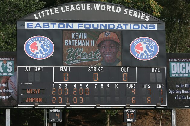 WILLIAMSPORT, PA - AUGUST 25:  The scoreboard showing the Tokyo, Japan team's 6-4 victory over  the West team from Chula Vista, Ca 6-4  is shown following the Little League World Series Championship game on August 25, 2013 in Williamsport, Pennsylvania.  (Photo by Rob Carr/Getty Images)