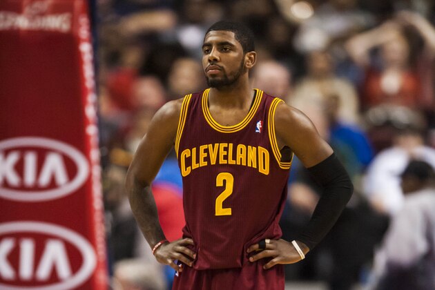 Feb 18, 2014; Philadelphia, PA, USA; Cleveland Cavaliers guard Kyrie Irving (2) during the third quarter against the Philadelphia 76ers at the Wells Fargo Center. The Cavaliers defeated the Sixers 114-85. Mandatory Credit: Howard Smith-USA TODAY Sports