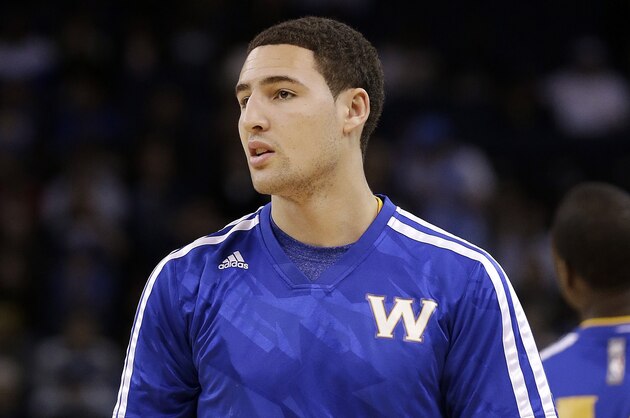 Golden State Warriors shooting guard Klay Thompson before an NBA basketball game against the Utah Jazz in Oakland, Calif., Saturday, Nov. 16, 2013. (AP Photo/Jeff Chiu)