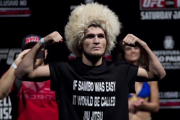 Fighter Khabib Nurmagomedov from the US gestures as he weighs-in for the Ultimate Fighting Championship, UFC, in Sao Paulo, Brazil, Friday, Jan. 18, 2013. Nurmagomedov will compete in UFC in Sao Paulo on Jan. 19. (AP Photo/Andre Penner)