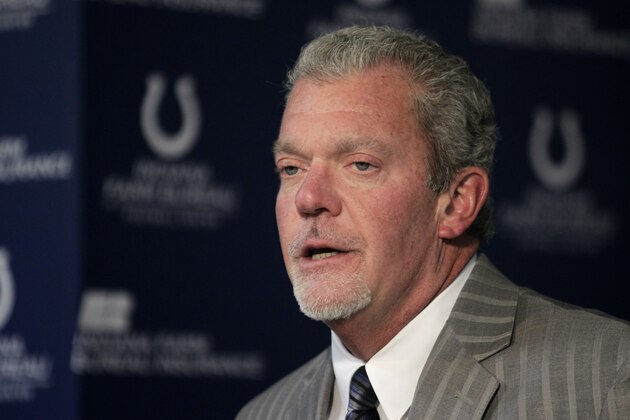 Indianapolis Colts owner Jim Irsay announces that head coach Chuck Pagano has been diagnosed with acute promyelocytic leukemia, during an NFL football news conference at the team's headquarters in Indianapolis, Monday, Oct. 1, 2012. (AP Photo/Michael Conroy)