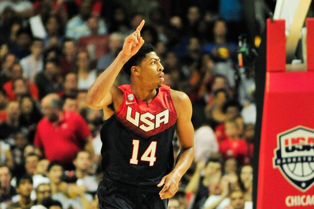 Aug 16, 2014; Chicago, IL, USA; United States center Anthony Davis (14) reacts after scoring against Brazil  during the first quarterat the United Center. Mandatory Credit: David Banks-USA TODAY Sports