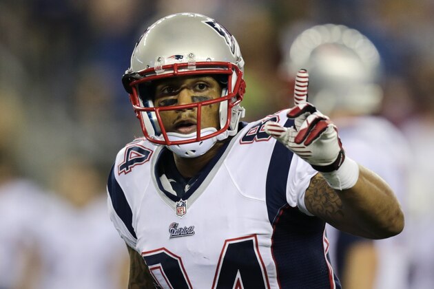 New England Patriots wide receiver Brian Tyms (84) in the second half of an NFL preseason football game Friday, Aug. 15, 2014, in Foxborough, Mass. (AP Photo/Charles Krupa)