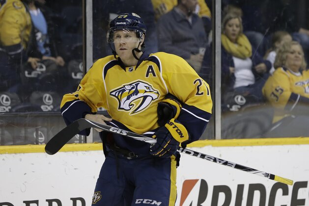 Nashville Predators forward Patric Hornqvist, of Sweden, warms up before the first period of an NHL hockey game against the Calgary Flames Tuesday, Jan. 14, 2014, in Nashville, Tenn. (AP Photo/Mark Humphrey)