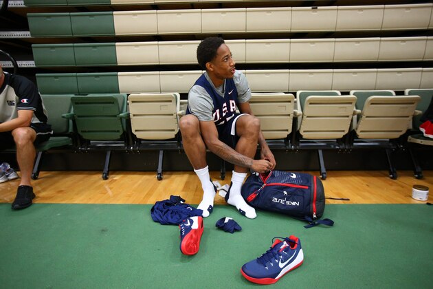 CHICAGO, IL - AUGUST 14:  DeMar DeRozan of the USA Basketball Men's National Team gets ready for practice at the Quest MultiSport Facility on August 14, 2014 in Chicago, Illinois.  NOTE TO USER: User expressly acknowledges and agrees that, by downloading and/or using this Photograph, user is consenting to the terms and conditions of the Getty Images License Agreement. Mandatory Copyright Notice: Copyright 2014 NBAE (Photo by Nathaniel S. Butler/NBAE via Getty Images)