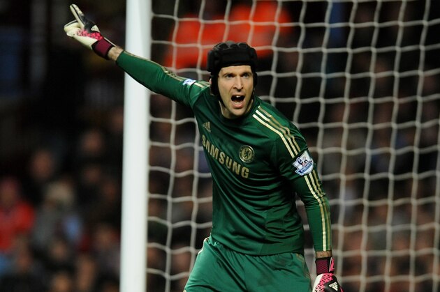 Chelsea's Petr Cech during the English Premier League soccer match between Aston Villa and Chelsea at Villa Park, Birmingham, England, Saturday, March 15, 2014.  (AP Photo/Rui Vieira)