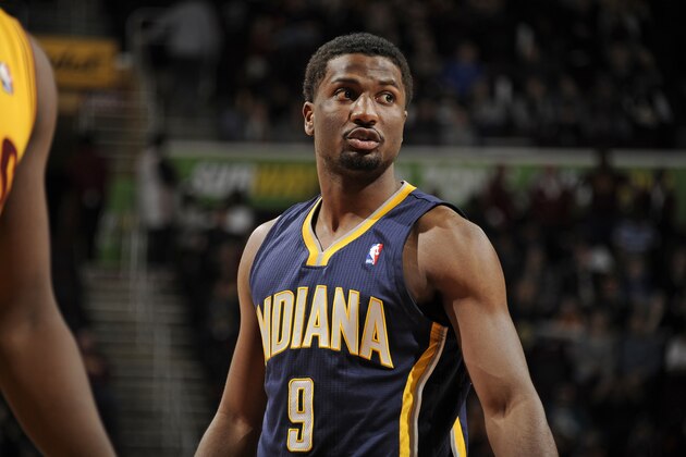 CLEVELAND, OH - MARCH 30: Solomon Hill #9 of the Indiana Pacers stands on the court during a game against the Cleveland Cavaliers at The Quicken Loans Arena on March 30, 2014 in Cleveland, Ohio. NOTE TO USER: User expressly acknowledges and agrees that, by downloading and/or using this Photograph, user is consenting to the terms and conditions of the Getty Images License Agreement. Mandatory Copyright Notice: Copyright 2014 NBAE (Photo by David Liam Kyle/NBAE via Getty Images)