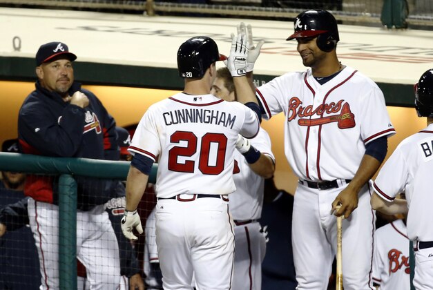 Atlanta Braves' Todd Cunningham (20) celebrates his solo home run with Ernesto Mejia, right, in the eighth inning of an exhibition baseball game against the Houston Astros, Friday, Feb. 28, 2014, in Kissimmee, Fla. The Astros won 7-5. (AP Photo/Alex Brandon)
