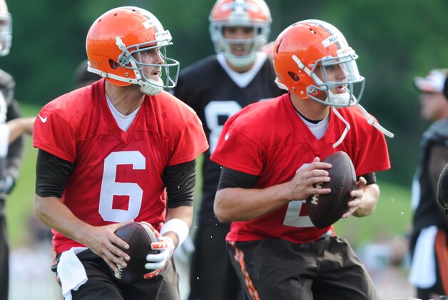 Jul 26, 2014; Berea, OH, USA; Cleveland Browns quarterback Brian Hoyer (6) and Cleveland Browns quarterback Johnny Manziel (2) during training camp at the Cleveland Browns training facility. Mandatory Credit: Ken Blaze-USA TODAY Sports