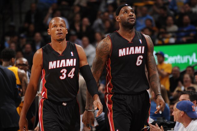 DENVER, CO - DECEMBER 30: Ray Allen #34 and LeBron James #6 of the Miami Heat look on against the Denver Nuggets on December 30, 2013 at the Pepsi Center in Denver, Colorado. NOTE TO USER: User expressly acknowledges and agrees that, by downloading and/or using this Photograph, user is consenting to the terms and conditions of the Getty Images License Agreement. Mandatory Copyright Notice: Copyright 2013 NBAE (Photo by Bart Young/NBAE via Getty Images)