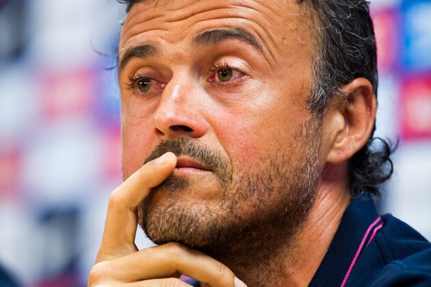 BARCELONA, SPAIN - AUGUST 17: Head coach Luis Enrique faces the media after a FC Barcelona training session at Ciutat Esportiva on August 17, 2014 in Barcelona, Spain.  (Photo by Alex Caparros/Getty Images)