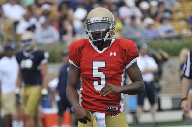 Notre Dame quarterback Everett Golson throws a pass during practice Saturday  Aug. 16, 2014 in South Bend, Ind. Notre Dame is scheduled to open their season against Rice Saturday Aug. 30, 2014 (AP Photo/Joe Raymond)