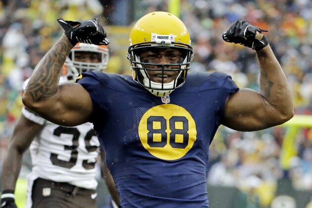 FILE - In this Oct. 20, 2013, file photo, Green Bay Packers' Jermichael Finley reacts after catching a pass during the first half of an NFL football game against the Cleveland Browns, in Green Bay, Wis. Finley has tweeted that he left the intensive care unit and had full feeling in his arms and legs after injuring his neck in a game. Finley posted Monday night, Oct. 21, 2013, on Twitter that he was able to walk to and from the shower. He thanked family, friends, teammates and fans for an outpouring of support. (AP Photo/Morry Gash, File)