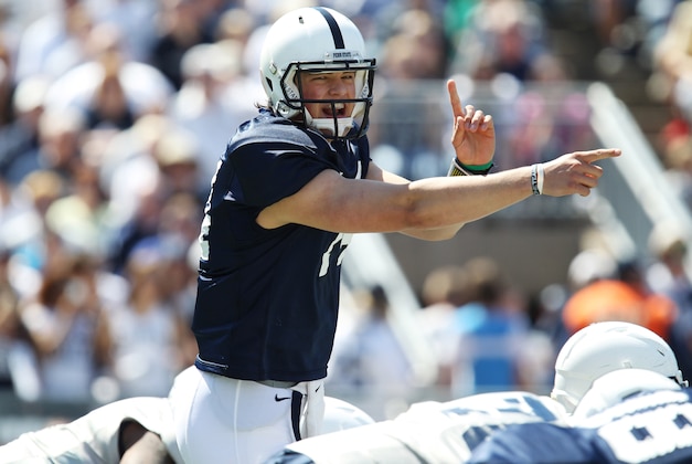 Apr 12, 2014; State College, PA, USA; Penn State Nittany Lions quarterback Christian Hackenberg (14) signals in the first quarter of the Blue White spring game at Beaver Stadium. Mandatory Credit: Matthew O'Haren-USA TODAY Sports