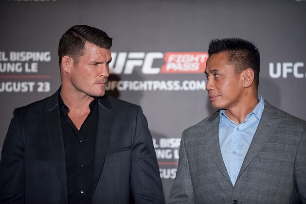 HONG KONG - AUGUST 20:  Michael Bisping and Cung Le at a face offs event during the Macao UFC Fight Night Press Conference at the Four Season Hotel on August 20, 2014 in Hong Kong.  (Photo by Anthony Kwan/Getty Images)