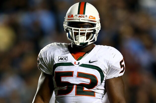 CHAPEL HILL, NC - OCTOBER 17:  Denzel Perryman #52 of the Miami Hurricanes during their game at Kenan Stadium on October 17, 2013 in Chapel Hill, North Carolina.  (Photo by Streeter Lecka/Getty Images)