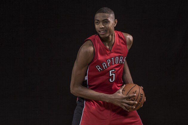 TARRYTOWN, NY - AUGUST 03: Bruno Caboclo #5 of the Toronto Raptors poses for a portrait during the 2014 NBA rookie photo shoot at MSG Training Center on August 3, 2014 in Tarrytown, New York. NOTE TO USER: User expressly acknowledges and agrees that, by downloading and or using this photograph, User is consenting to the terms and conditions of the Getty Images License Agreement. (Photo by Nick Laham/Getty Images)