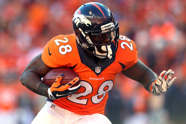 DENVER, CO - JANUARY 19:  Montee Ball #28 of the Denver Broncos runs with the ball against the New England Patriots during the AFC Championship game at Sports Authority Field at Mile High on January 19, 2014 in Denver, Colorado.  (Photo by Elsa/Getty Images)