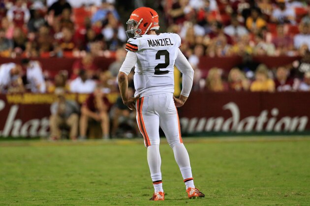 LANDOVER, MD - AUGUST 18:  Qarterback Johnny Manziel #2 of the Cleveland Browns looks on during a preseason game against the Washington Redskins at FedExField on August 18, 2014 in Landover, Maryland.  (Photo by Rob Carr/Getty Images)