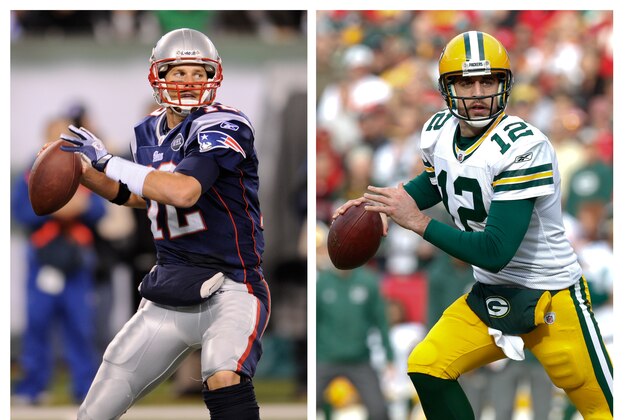 FILE - In these 2011 file photos, New England Patriots quarterback Tom Brady, left, and Green Bay Packers quarterback Aaron Rodgers look to pass during NFL football games. Brady and Rodgers were announced as Pro Bowl starters for the AFC and the NFC, respectively, by the NFL on Tuesday, Dec. 27, 2011. Brady is one of eight Patriots to make the Pro Bowl. Seven Packers were named to the team. (AP Photos/File)