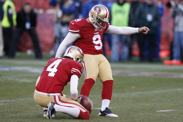 Phil Dawson (9) of the San Francisco 49ers in action kicking the winning field goal  during the fourth quarter of an NFL game against the Seattle Seahawks at Candlestick Park in Seattle Washington on Sunday, Dec. 8, 2013. (AP Photo/David Seelig)