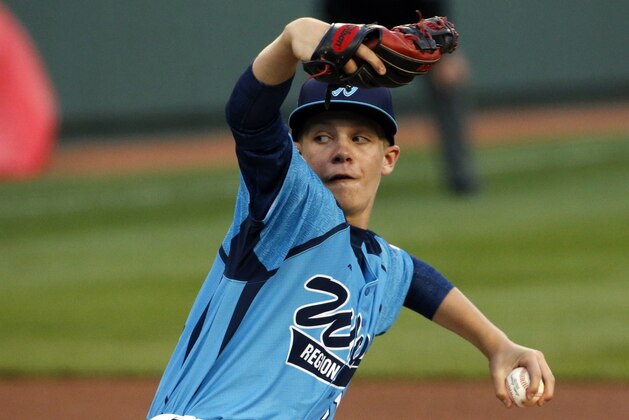 Las Vegas pitcher Austin Kryszczuk delivers during the second inning of a baseball game against Rapid City, South Dakota in United States pool play at the Little League World Series tournament in South Williamsport, Pa., Thursday, Aug. 14, 2014. (AP Photo/Gene J. Puskar)