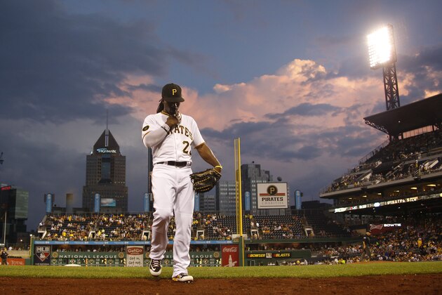 Pittsburgh Pirates center fielder Andrew McCutchen comes of the field as the sun shines though the clouds at PNC Park during the baseball game between the Pittsburgh Pirates and the Atlanta Braves on Wednesday, Aug. 20, 2014, in Pittsburgh. The Pirates won 3-2. (AP Photo/Keith Srakocic)