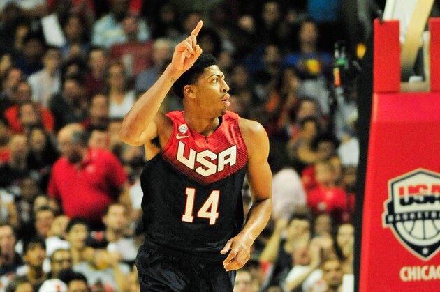 Aug 16, 2014; Chicago, IL, USA; United States center Anthony Davis (14) reacts after scoring against Brazil  during the first quarterat the United Center. Mandatory Credit: David Banks-USA TODAY Sports