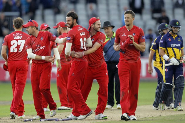 MANCHESTER, ENGLAND - AUGUST: Jordan Clark of Lancashire celebrates at the end of the Natwest T20 Blast Quarter final between Lancashire Lightning and Glamorgan at Old Trafford on August 2, 2014 in Manchester, England. (Photo by Malcolm Couzens/Getty Images)