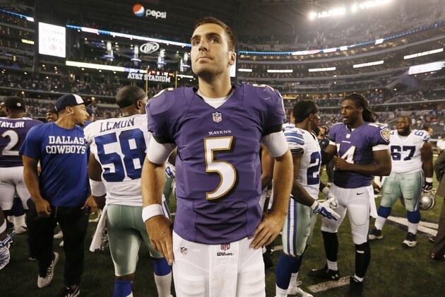 Baltimore Ravens quarterback Joe Flacco (5) walks off the field after an NFL preseason football game Saturday, Aug. 16, 2014, in Arlington, Texas. The Ravens won 37-30. (AP Photo/Brandon Wade)