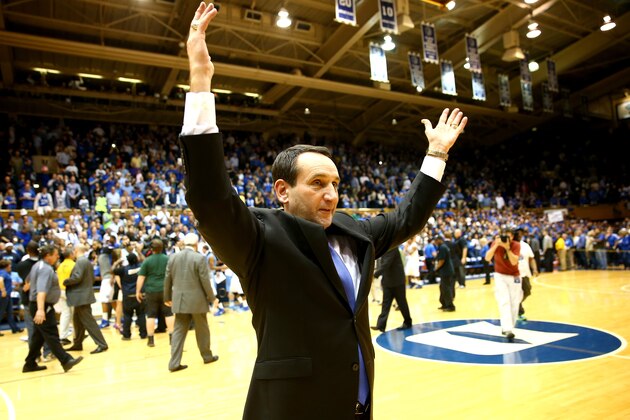 DURHAM, NC - MARCH 08:  Head coach Mike Krzyzewski of the Duke Blue Devils celebrates after defeating the North Carolina Tar Heels 93-81 at Cameron Indoor Stadium on March 8, 2014 in Durham, North Carolina.  (Photo by Streeter Lecka/Getty Images)