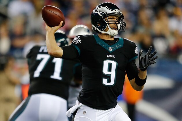 FOXBORO, MA - AUGUST 15: Nick Foles #9 of the Philadelphia Eagles against the New England Patriots  in the second quarter Gillette Stadium on August 15, 2014 in Foxboro, Massachusetts. (Photo by Jim Rogash/Getty Images)