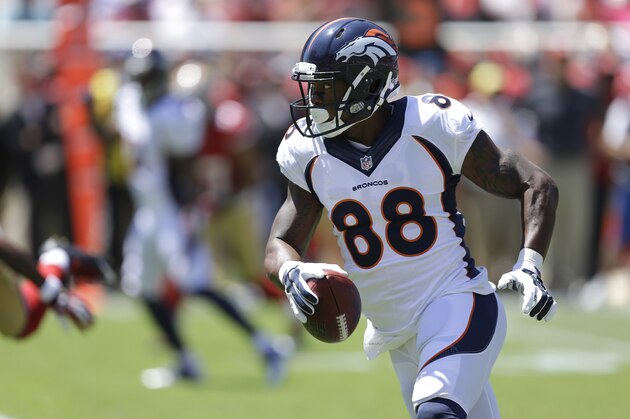 Denver Broncos wide receiver Demaryius Thomas (88) runs against the San Francisco 49ers during the first quarter of an NFL preseason football game in Santa Clara, Calif., Sunday, Aug. 17, 2014. (AP Photo/Ben Margot)