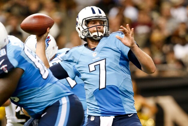 Aug 15, 2014; New Orleans, LA, USA; Tennessee Titans quarterback Zach Mettenberger (7) throws against the New Orleans Saints during second half of a preseason game at Mercedes-Benz Superdome. The New Orleans Saints defeated the Tennessee Titans 31-24. Mandatory Credit: Derick E. Hingle-USA TODAY Sports