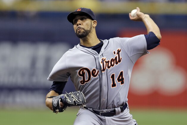 Detroit Tigers starting pitcher David Price delivers to the Tampa Bay Rays during the first inning of a baseball game Thursday, Aug. 21, 2014, in St. Petersburg, Fla. (AP Photo/Chris O'Meara)