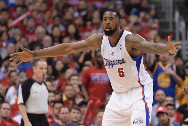 Apr 19, 2014; Los Angeles, CA, USA; Los Angeles Clippers center DeAndre Jordan (6) in the second half of game one during the first round of the 2014 NBA Playoffs against the Golden State Warriors at Staples Center. Warriors won 109-105. Mandatory Credit: Jayne Kamin-Oncea-USA TODAY Sports