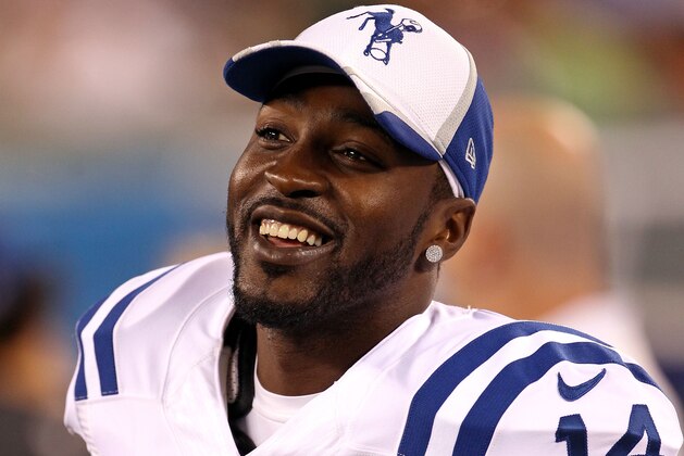 Aug 7, 2014; East Rutherford, NJ, USA; Indianapolis Colts wide receiver Hakeem Nicks (14) on the sideline against the New York Jets during the second half at MetLife Stadium. The Jets defeated the Colts 13-10. Mandatory Credit: Adam Hunger-USA TODAY Sports