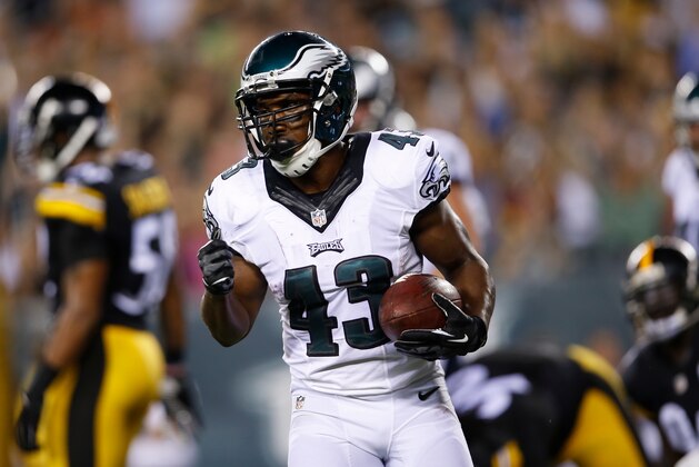 Philadelphia Eagles' Darren Sproles reacts after scoring a touchdown during the first half of an NFL preseason football game against the Pittsburgh Steelers, Thursday, Aug. 21, 2014, in Philadelphia. (AP Photo/Matt Rourke)