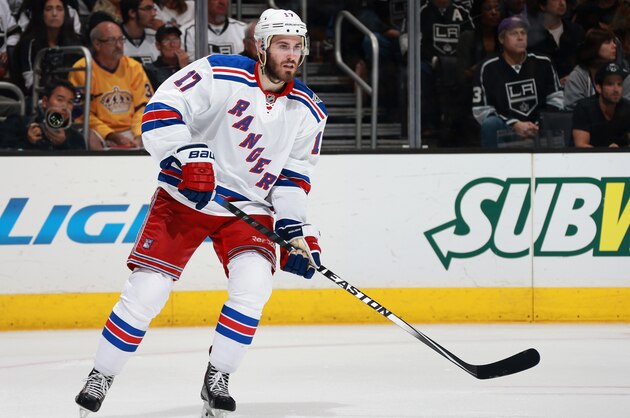 LOS ANGELES, CA - JUNE 13:  John Moore #17 of the New York Rangers plays against the Los Angeles Kings in the second period of Game Five of the 2014 Stanley Cup Final at the Staples Center on June 13, 2014 in Los Angeles, California.  (Photo by Dave Sandford/NHLI via Getty Images)