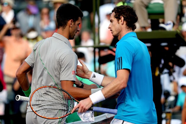 KEY BISCAYNE, FL - MARCH 26:  Novak Djokovic of Serbia ris congratulated by Andy Murray of Great Britain after their match during the Sony Open at the Crandon Park Tennis Center on March 26, 2014 in Key Biscayne, Florida.  (Photo by Matthew Stockman/Getty Images)
