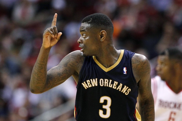 Apr 12, 2014; Houston, TX, USA; New Orleans Pelicans guard Anthony Morrow (3) reacts after a shot  during the first half against the Houston Rockets at Toyota Center. Mandatory Credit: Soobum Im-USA TODAY Sports
